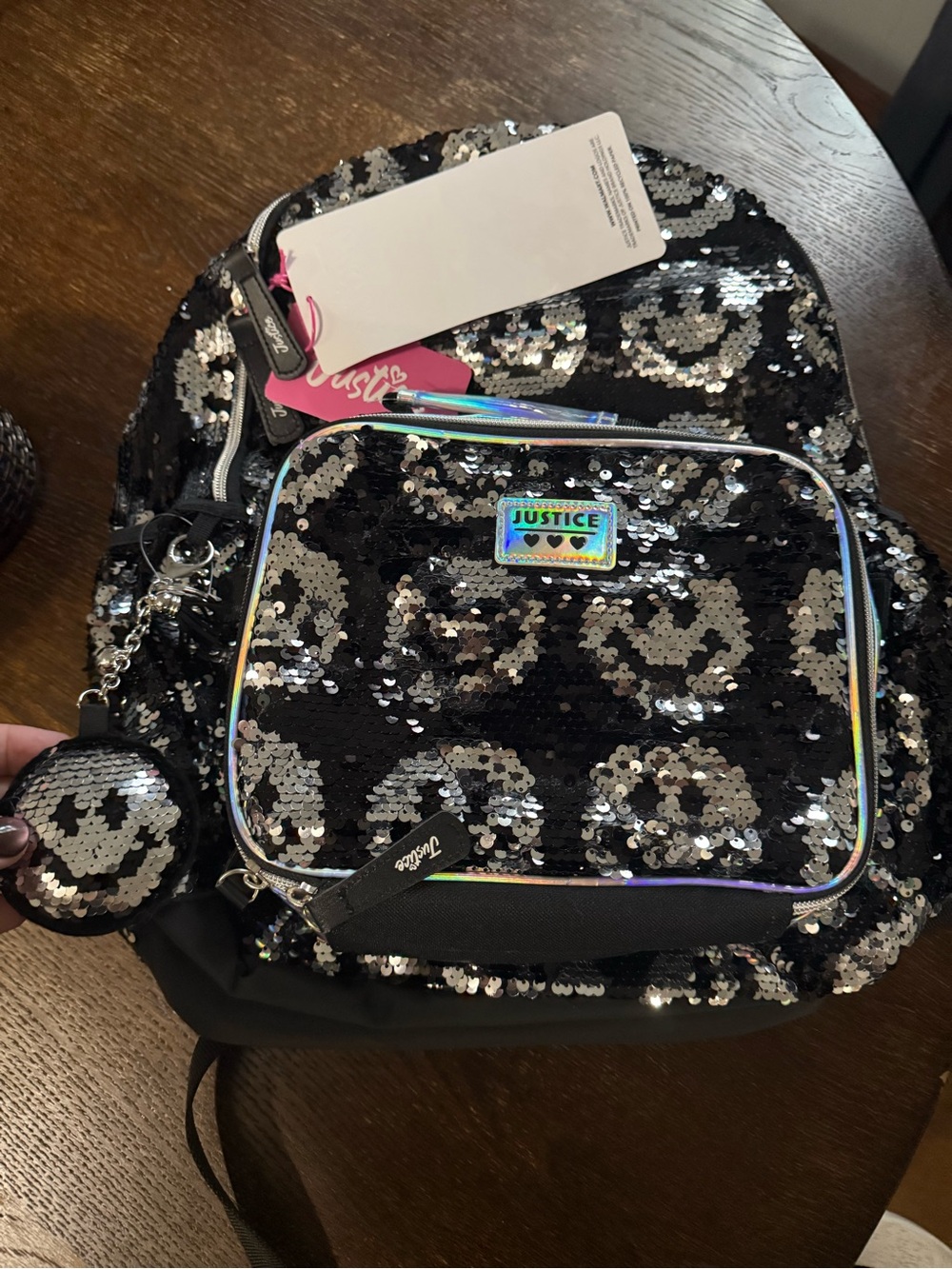 Justice Black & Silver Reversible Sequin Backpack with Holographic Trim